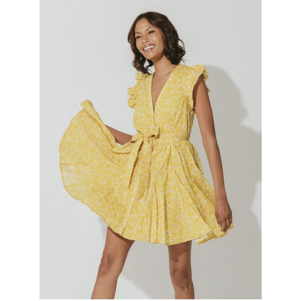 CLEOBELLA NWT Zia Organic CottonRuffle Tie Waist Mini Dress in Mustard // S - Picture 6 of 16